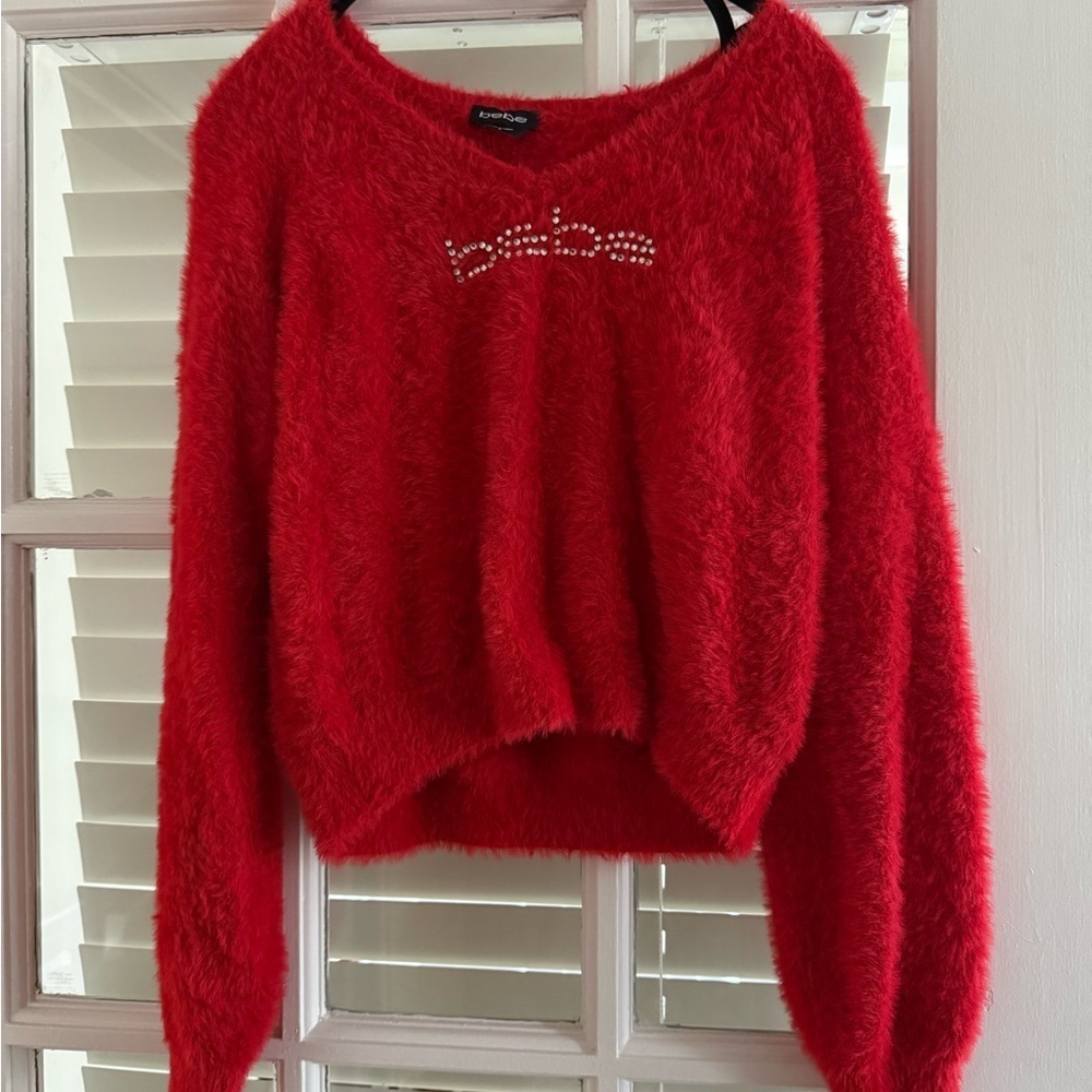 Bebe Cherry Red Crew Neck Sweater Fuzzy Knit